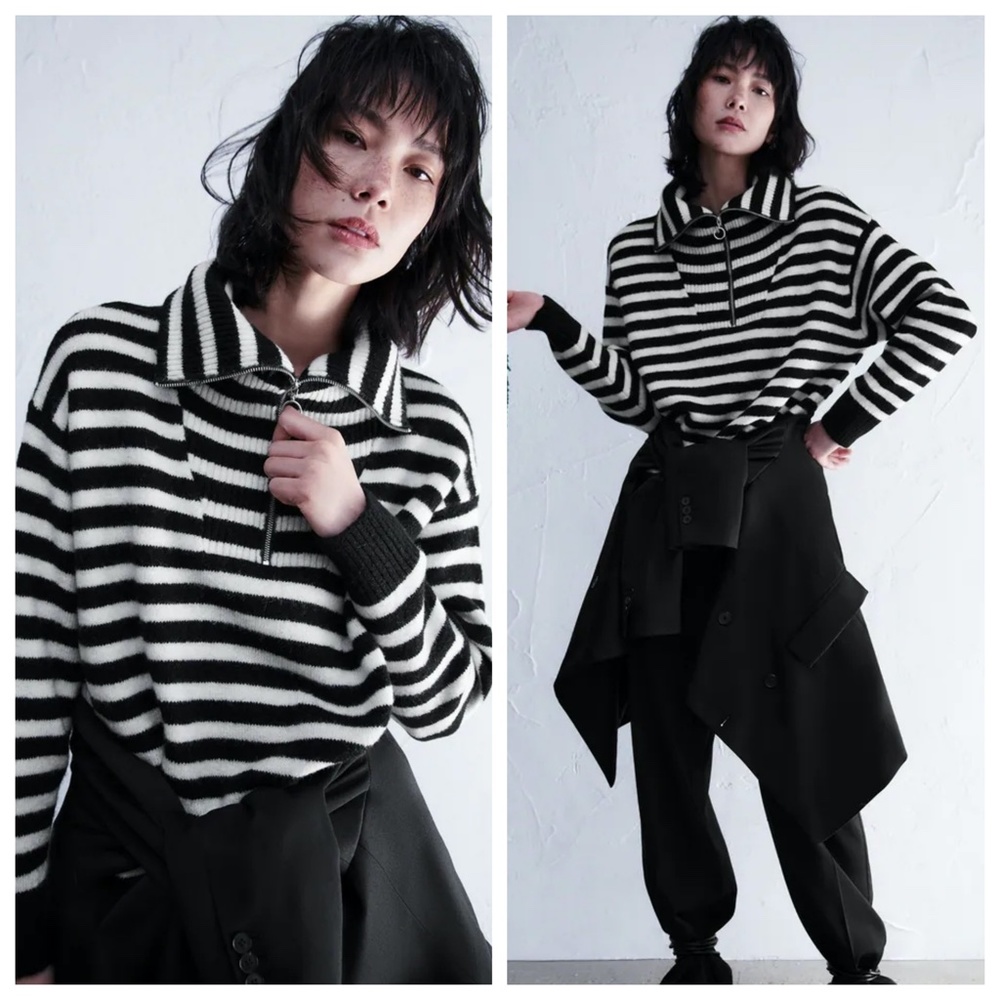 NWT ZARA ZIPPERED HIGH COLLAR STRIPED SWEATER L